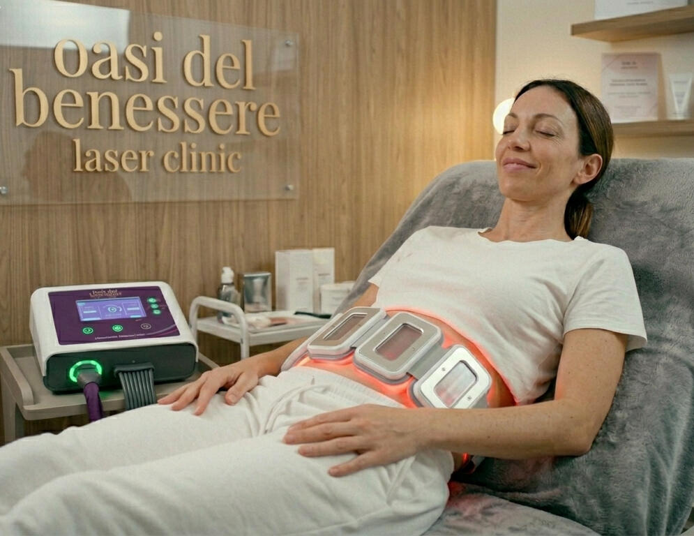 Post promozionale di Oasi del Benessere - Laser Clinic. In alto, il logo dorato su sfondo color pesca. Al centro, una donna distesa riceve un trattamento di lipolaser sull'addome con placche a luce rossa. A destra, un elenco di benefici: rimodellamento cor