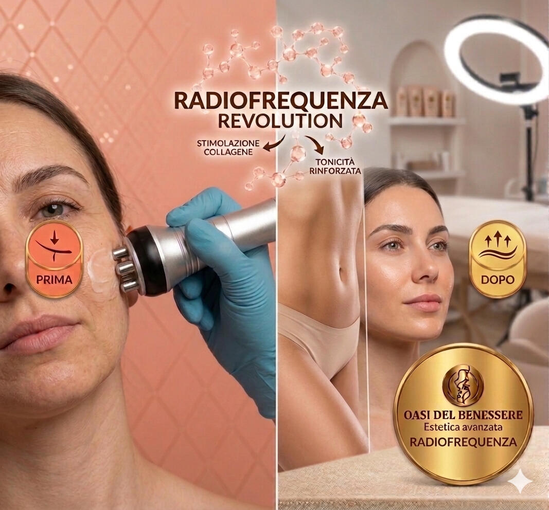 Inquadratura ravvicinata di un trattamento estetico di radiofrequenza professionale eseguito sull'addome. Si vede la pelle coperta da un gel conduttore marrone e una mano in guanto nero che applica un manipolo con luci LED rosse attive. Sullo sfondo, una g