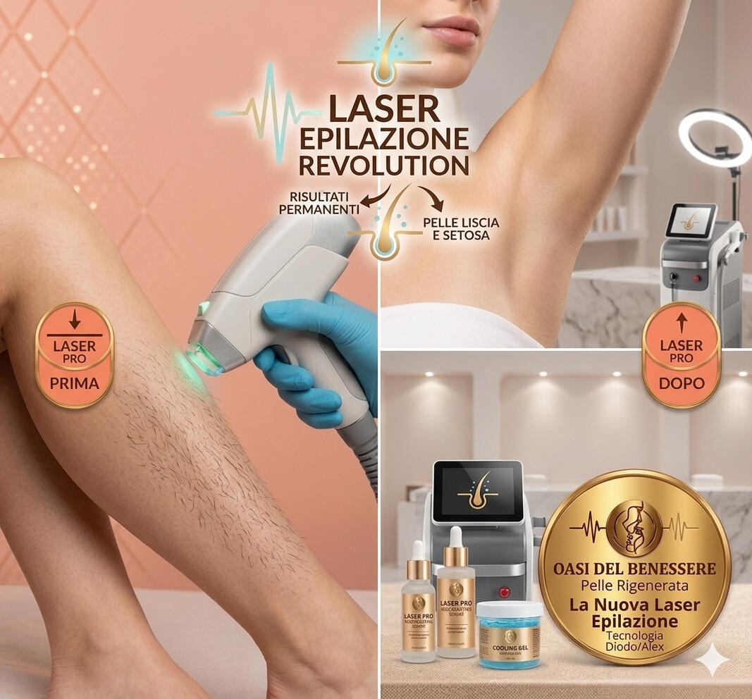 L'epilazione laser presso Oasi del Benessere. Il collage mostra a sinistra il manipolo laser in azione su una gamba con peli visibili (Prima) e a destra un'ascella perfettamente liscia (Dopo). In basso, il logo dorato del centro con i testi 'Pelle Rigenera