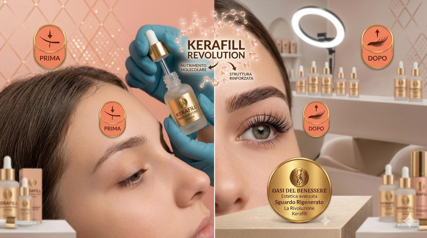 Trattamento Kerafill Revolution presso il centro estetico Oasi del Benessere. Il collage mostra un confronto 'Prima e Dopo' della laminazione ciglia: a sinistra le ciglia naturali e l'applicazione del siero molecolare, a destra ciglia lunghe, curve e rinvi